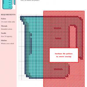 Cross stitch pattern design of a teal measuring jug with clear markings, perfect for kitchen-themed crafts.
