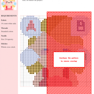 Cross stitch pattern featuring a cute, cartoon girl with thought bubbles containing letters A, B, C, and D, representing overthinking.