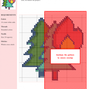 Cross stitch pattern featuring a stylized burning tree, with green and teal trees and a vibrant pink and yellow flame.