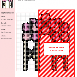 Cross stitch pattern design depicting a charming wedding arch adorned with pink flowers and teal leaves.