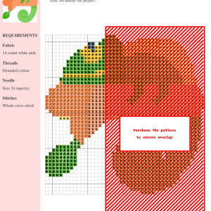 Cross stitch pattern featuring a charming chameleon resting on an orange leaf, showcasing vibrant greens, oranges, and yellows.