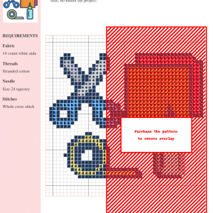 Image of a cross stitch pattern featuring scissors, paper, glue, and tape, suitable for crafting projects.
