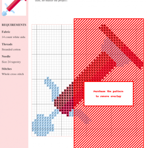Cross stitch pattern showcasing a detailed design of a pogo stick-like medical instrument in shades of red and light blue.