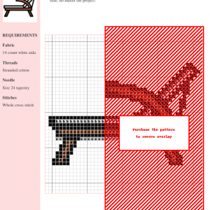 Cross stitch pattern of a charming chair, featuring brown and white thread colors.
