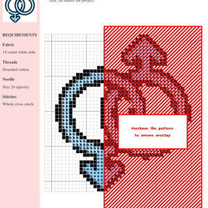 Cross stitch pattern depicting two interconnected male symbols in light blue, symbolizing LGBTQ+ love and pride.