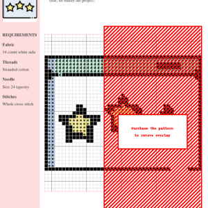 Image of a cross stitch pattern depicting three yellow stars on a light blue background, representing a rating or review.