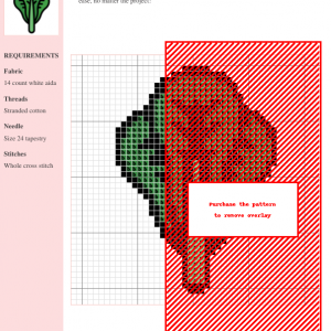 Close-up of a cross stitch pattern depicting a single head of lettuce in shades of green. The design is simple yet detailed, perfect for beginner to intermediate stitchers.