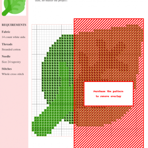 Image of a cross stitch pattern depicting a stylized green leaf, perfect for crafting and needlework projects.