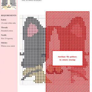 Cross stitch pattern featuring a charming ragamuffin cat with grey and white fur, pink ears, and a cheerful expression.