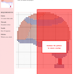 A charming cross stitch pattern depicting a peach-colored helmet with white stripes and a red chin strap, perfect for beginners and experienced stitchers alike.