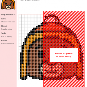 Cross stitch pattern featuring a cute brown bear wearing an orange and white winter hat.