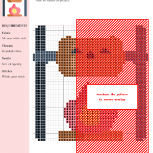 Cross stitch pattern depicting a cute marshmallow roasting over a campfire.