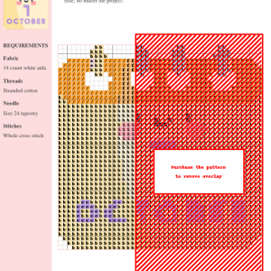 Cross stitch pattern depicting a kawaii calendar for October 1st, featuring a smiling face and pastel colors.