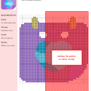 Cross stitch pattern design featuring a cute purple calendar character holding a light blue heart.