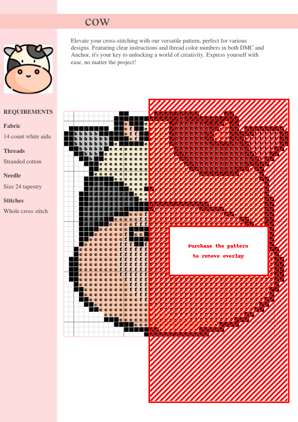 Image of a charming cross-stitch pattern depicting a cartoon cow's head, featuring black and white patches on a light cream background.