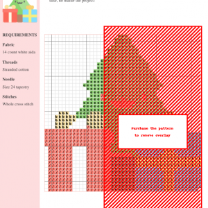 Cross stitch pattern featuring a cute cartoon Christmas tree and presents. Perfect for holiday crafting.