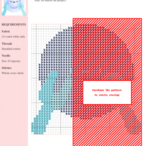 Cross stitch pattern of a cute, smiling plate being held by two stylized hands or tools, in pastel blue and purple tones. Kawaii style.