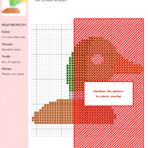 Cross stitch pattern featuring a charming cartoon duck in shades of green, orange, and yellow.