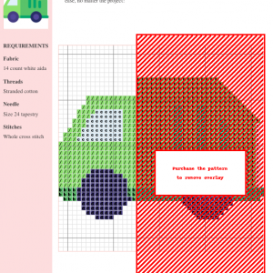 Cross stitch pattern featuring a charming green garbage truck design, perfect for needlepoint enthusiasts.