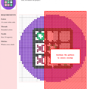 Image of a tic-tac-toe cross stitch pattern featuring green and red X's and O's on a white grid background. The design is presented on a purple circle.