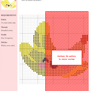 Cross stitch pattern of a cute, cartoon banana with rosy cheeks and a happy expression. The banana is peeled and displayed in a playful manner.