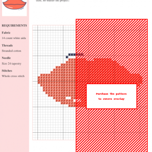 Image of a cross stitch pattern depicting a pair of coral-colored lips. The design is simple, yet stylish.