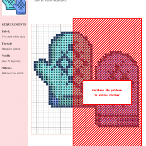 Cross stitch pattern design featuring a pair of oven mitts in teal and purple, showcasing a simple yet charming grid pattern.