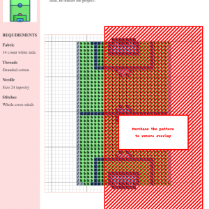 Image of a cross stitch pattern depicting a soccer field with goals and center circle, in green, blue, and pink.