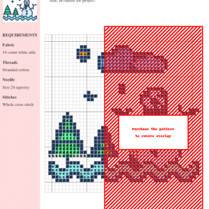 Cross stitch pattern featuring a charming snowman, two evergreen trees, a cloud, and sun, set against a wavy snowdrift background.