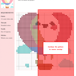 Image of a charming cross-stitch pattern depicting a heart-shaped hot air balloon with a smiling face, surrounded by pastel clouds.