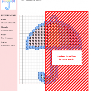 Image of a cross stitch pattern depicting a pastel rainbow umbrella with a light blue handle.