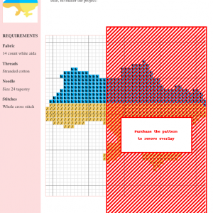 Cross stitch pattern depicting the outline of Ukraine in the national colors of blue and yellow.