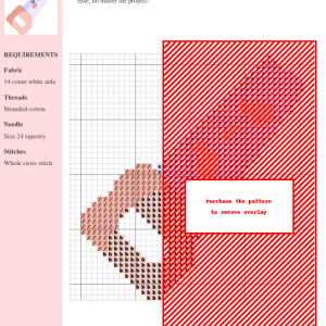 Cross stitch pattern depicting a cute, kawaii-style saw with blushing cheeks and simple peach and lavender color palette.