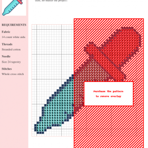 Cross stitch pattern depicting a detailed dropper with teal and coral accents.