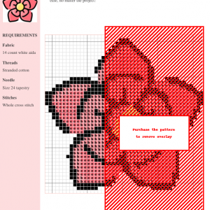 Image of a sabi cross stitch pattern depicting a stylized pink flower with a yellow center.