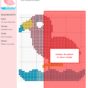 Cross stitch pattern featuring a charming pink flamingo standing in blue water. Perfect for beginners and experienced stitchers.