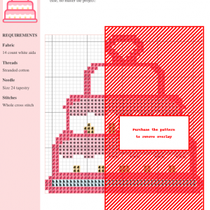 Image of a charming three-tiered cake cross stitch pattern, pink and white with gold accents and a heart on top.