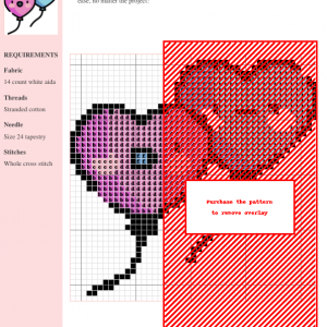 Cross stitch pattern featuring two heart-shaped balloons, one pink and one blue, with cute cartoon faces.