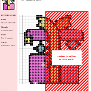 Cross stitch pattern of a cute, cartoon gift box with a bow and sparkling accents.