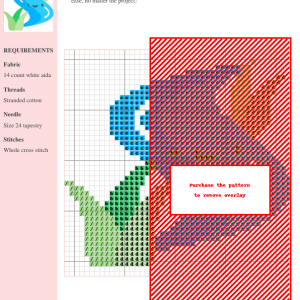 Cross stitch pattern featuring a stylized blue creek with happy face and green grass.