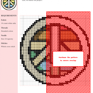 Image of a cross-stitch pattern depicting a peace symbol with a rainbow color scheme.