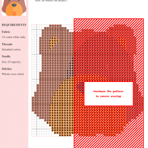 Cross stitch pattern depicting a charming Chow Chow dog's head in warm brown and orange tones.