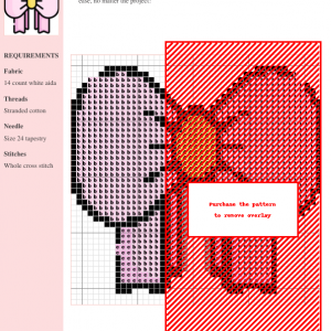 Cross stitch pattern of a charming pink ribbon bow with a yellow center, perfect for crafting projects.