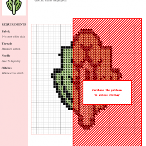 A detailed cross stitch pattern depicting a single cabbage head, showcasing its leaves and stem in shades of green.