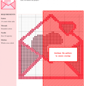 Cross stitch pattern depicting a pink envelope with two pink hearts inside and a smaller heart on top.