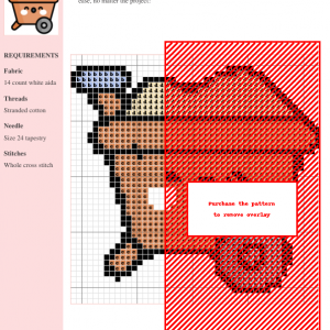 Cross stitch pattern of a cute, cartoon wheelbarrow filled with sand. Features a kawaii face and warm color palette.