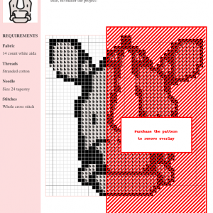 Cross stitch pattern featuring a cute cartoon rhino head, perfect for beginners and experienced stitchers.
