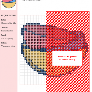 Image of a cross stitch pattern depicting three nesting bowls in shades of pink, blue, and yellow.