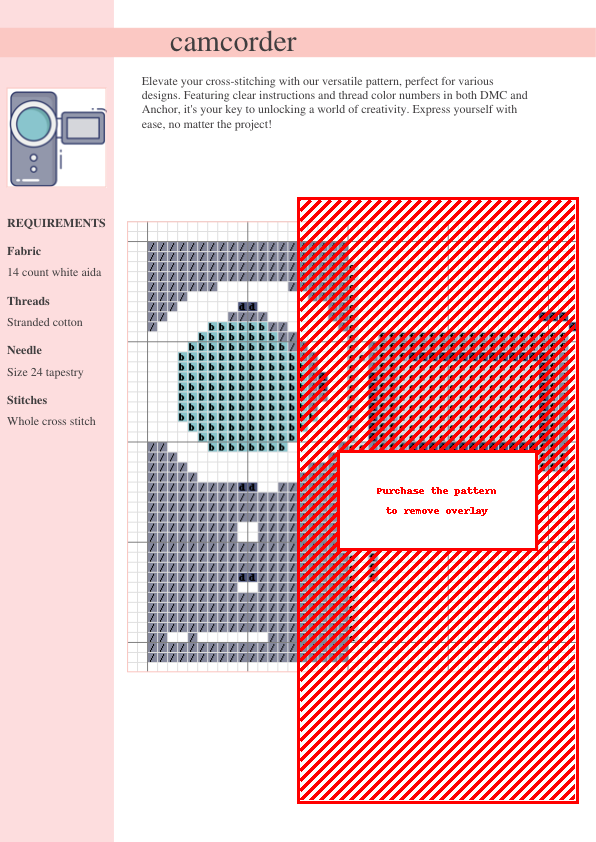 Cross stitch pattern depicting a retro camcorder in shades of gray, teal, and white.
