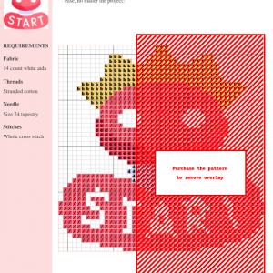 Cross stitch pattern featuring a cute, smiling red mushroom wearing a gold crown, with the word 'START' beneath it.